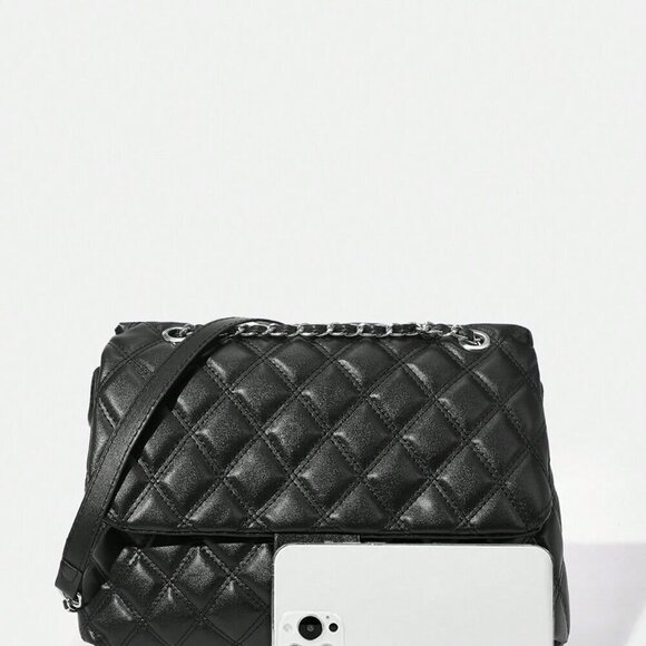 Black Elegant Women's Large Capacity Rhombic Pattern Crossbody Bag - Picture 7 of 12